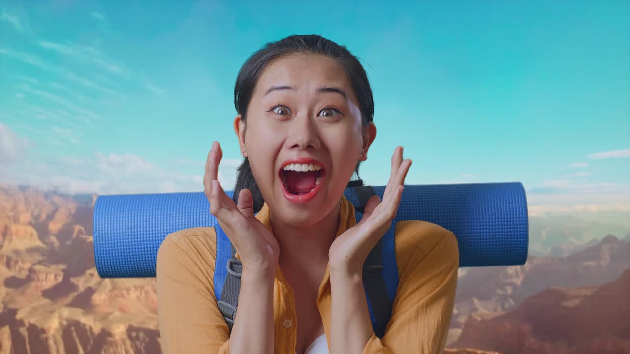 Close Up Of Asian Female Hiker With Mountaineering Backpack Saying Wow While Traveling At The Top Of Mountain