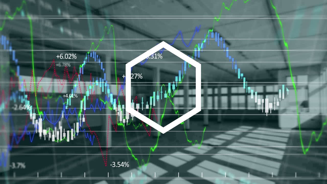 Forma esagonale astratta su elaborazione dati finanziari e di borsa sullo sfondo di un ufficio vuoto