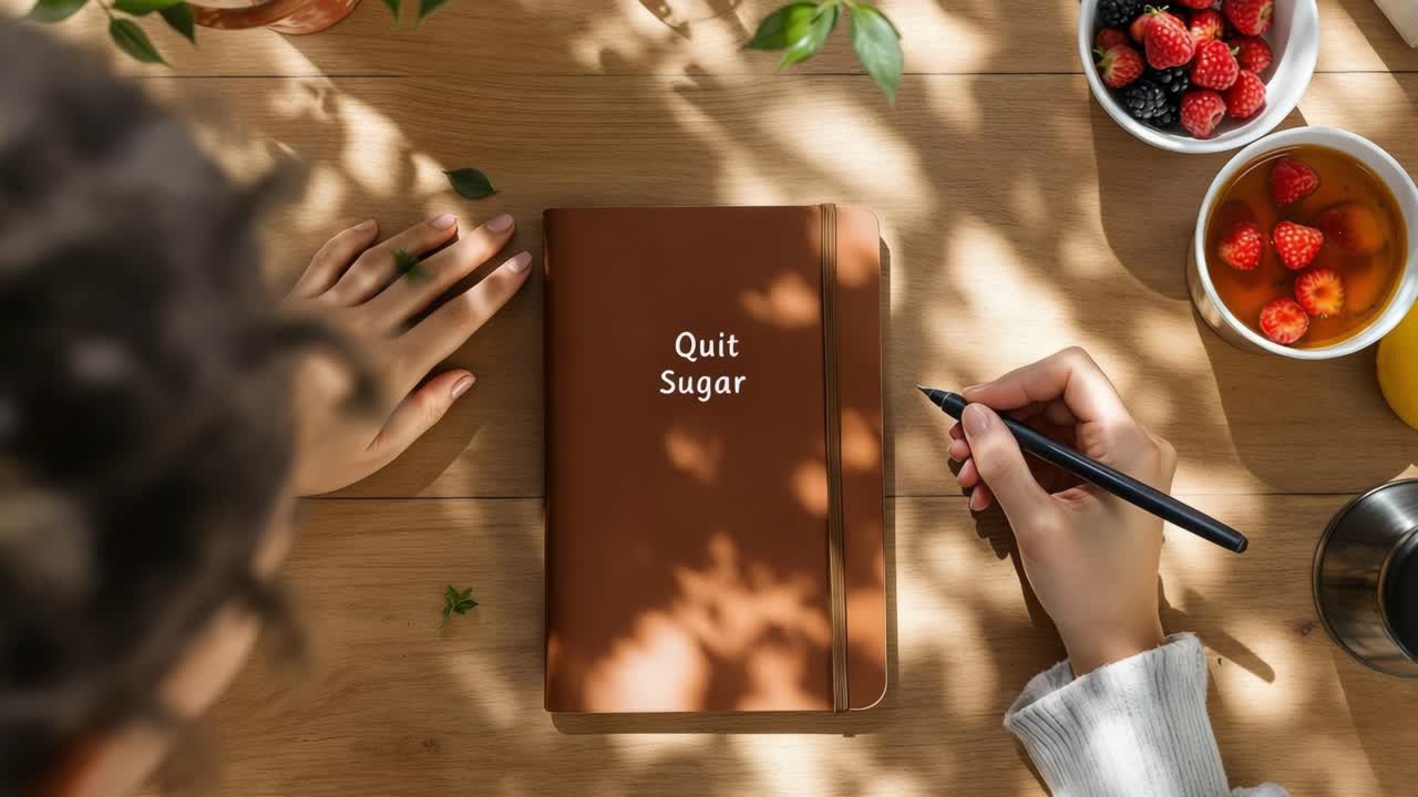 Woman writing on a notebook with quit sugar written on the cover, with healthy food and drinks next to it, promoting a healthy lifestyle