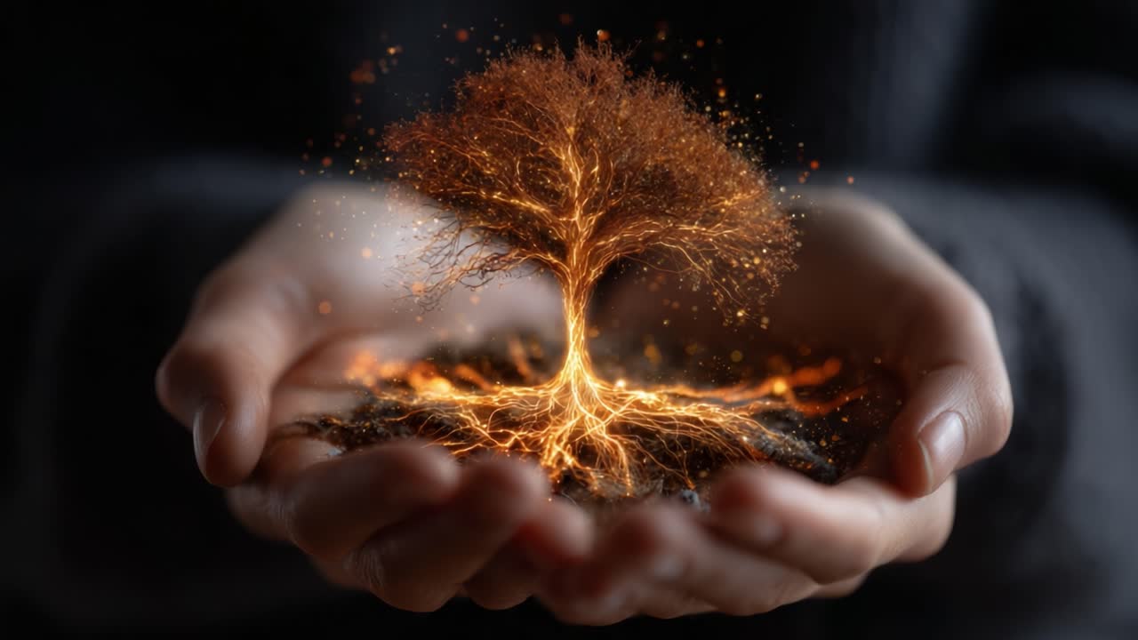 A Warm, Glowing Tree Emerging from Hands, Symbolizing Life, Growth, and Nature's Resilience in a Stunning Display of Natural Beauty and Energy