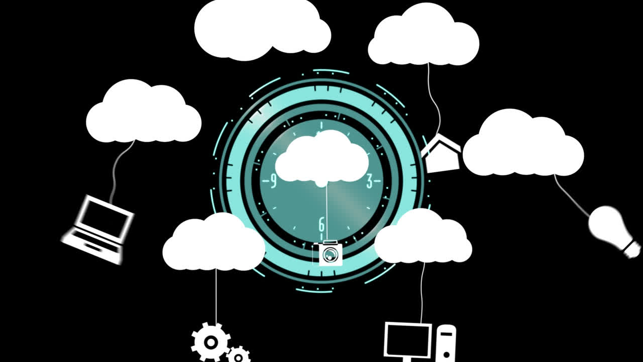 Animation of white clouds with hanging media icons over clock with moving hands on black background