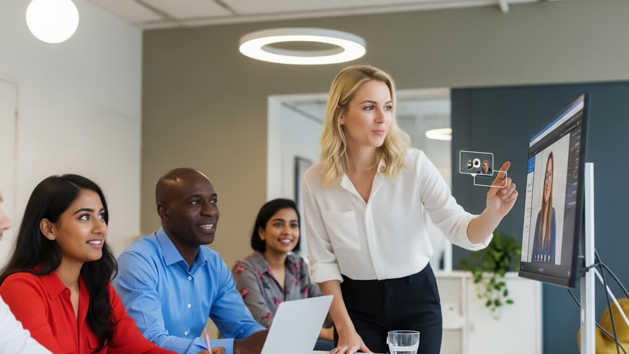 Engaging Team Collaboration in a Modern Office Setting: A Woman Leading a Presentation with Visual Aids while Colleagues Actively Participate and Observe