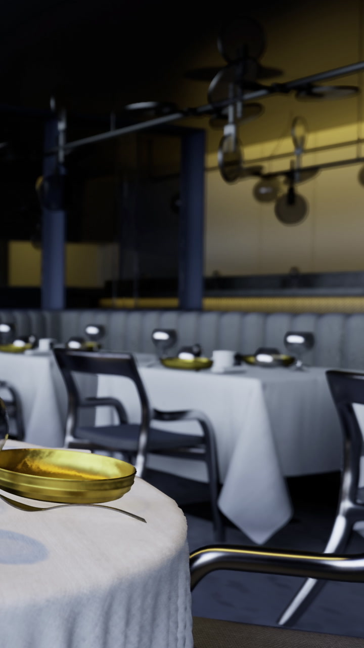 Tables set for a meal in a restaurant with dishes ready to be served