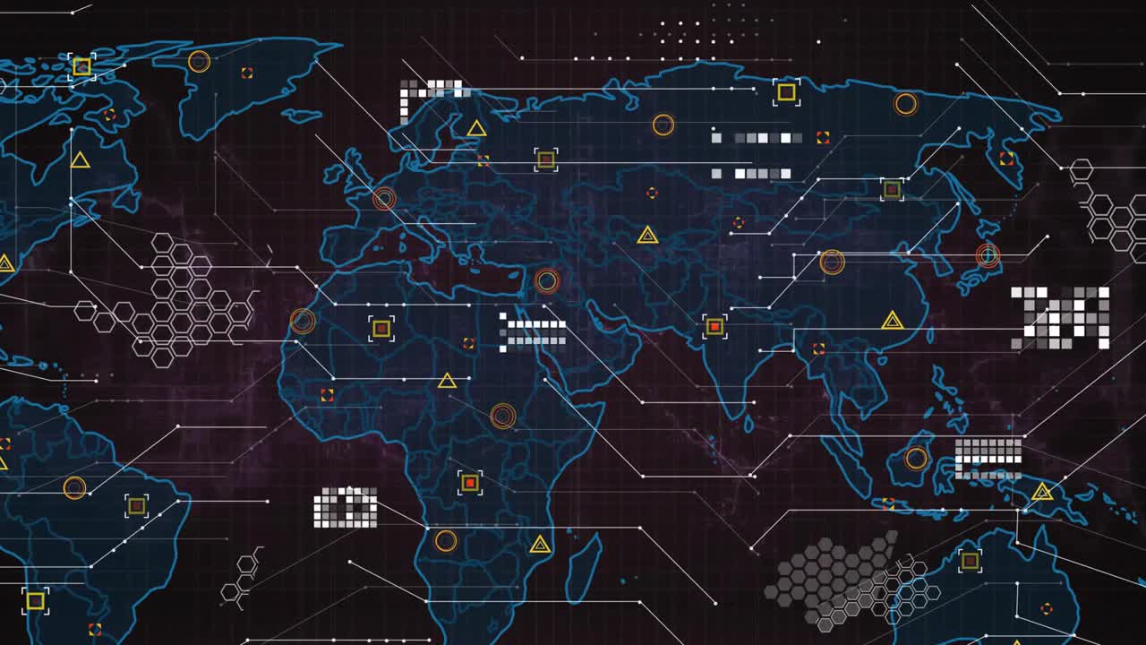 Animation of network and processing data over blue world map on black background