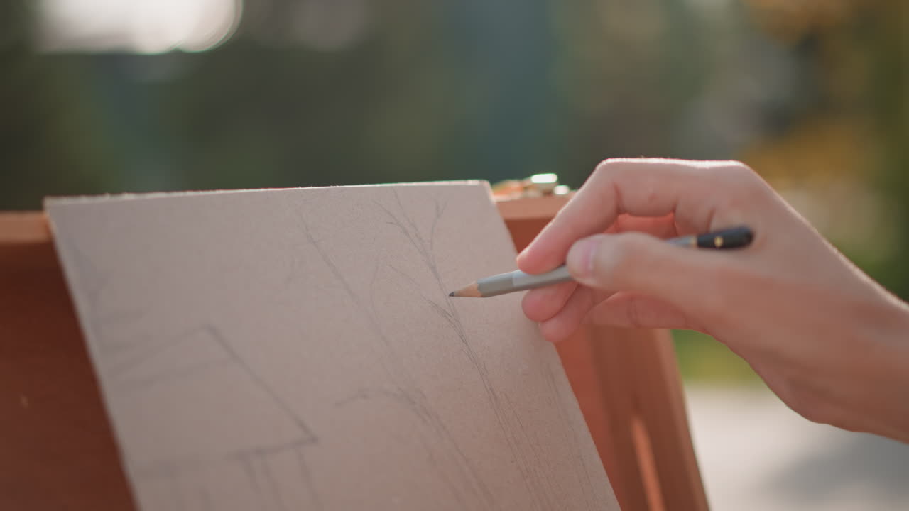 Artista che disegna una casa su un’area di lavoro all'aperto, primo piano della mano destra che tiene una matita e disegna linee architettoniche su un'area di lavoro adescata su un cavalletto di legno, luce solare calda, profondità di campo ridotta, strada tranquilla