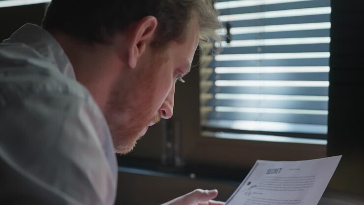 Businessman, agent, or investigator reviewing a secret file, marking key details with a red marker. Over-the-shoulder shot. Investigation, intelligence, classified information, or corporate intrigue.