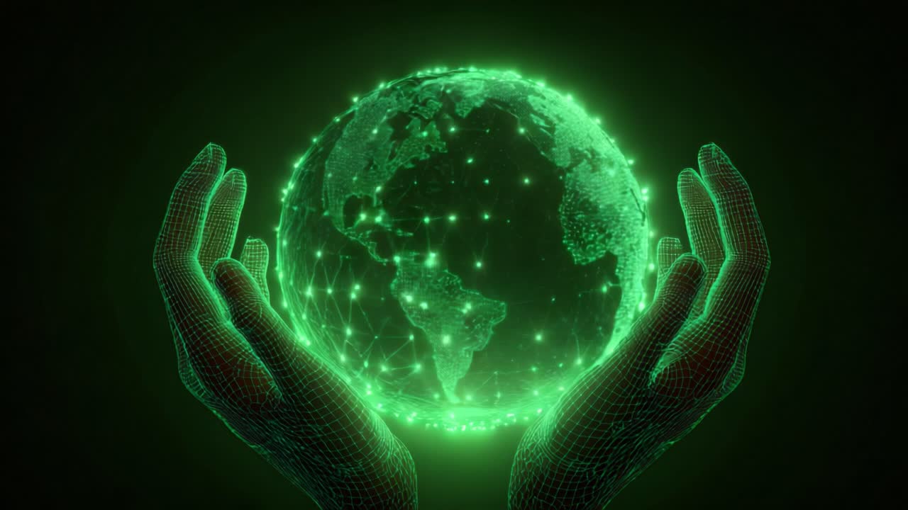 Digital wireframe hands carefully holding a glowing green planet Earth, symbolizing global connection, futuristic technology, environmental care, and the interconnectedness of our world