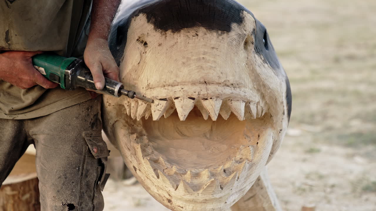 Unrecognized craftsman making a wooden sculpture of a shark. Artist uses a grinding tool to cut sharp teeth of a fish.