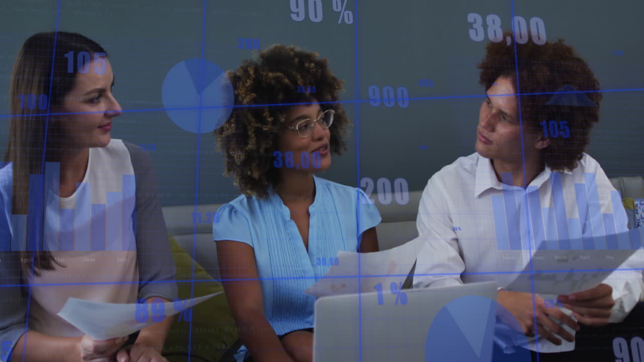 Animation of data processing over diverse business people in office