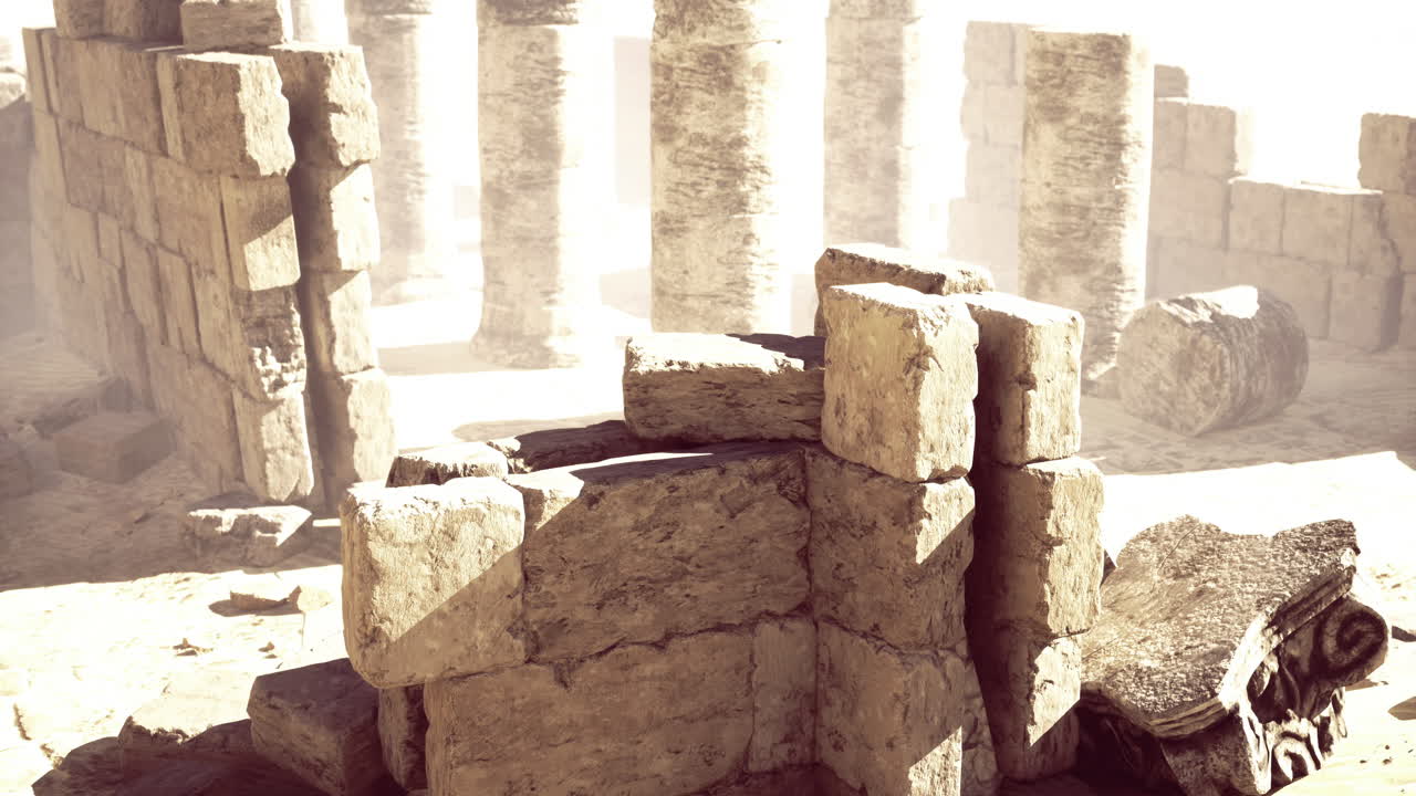 Ruins of ancient stone structures in a foggy mystical landscape