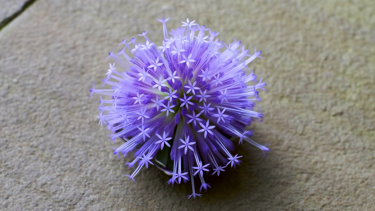 Bocciolo di crisantemo viola in time-lapse a metà sequenza, centrato su una superficie di pietra ruvida