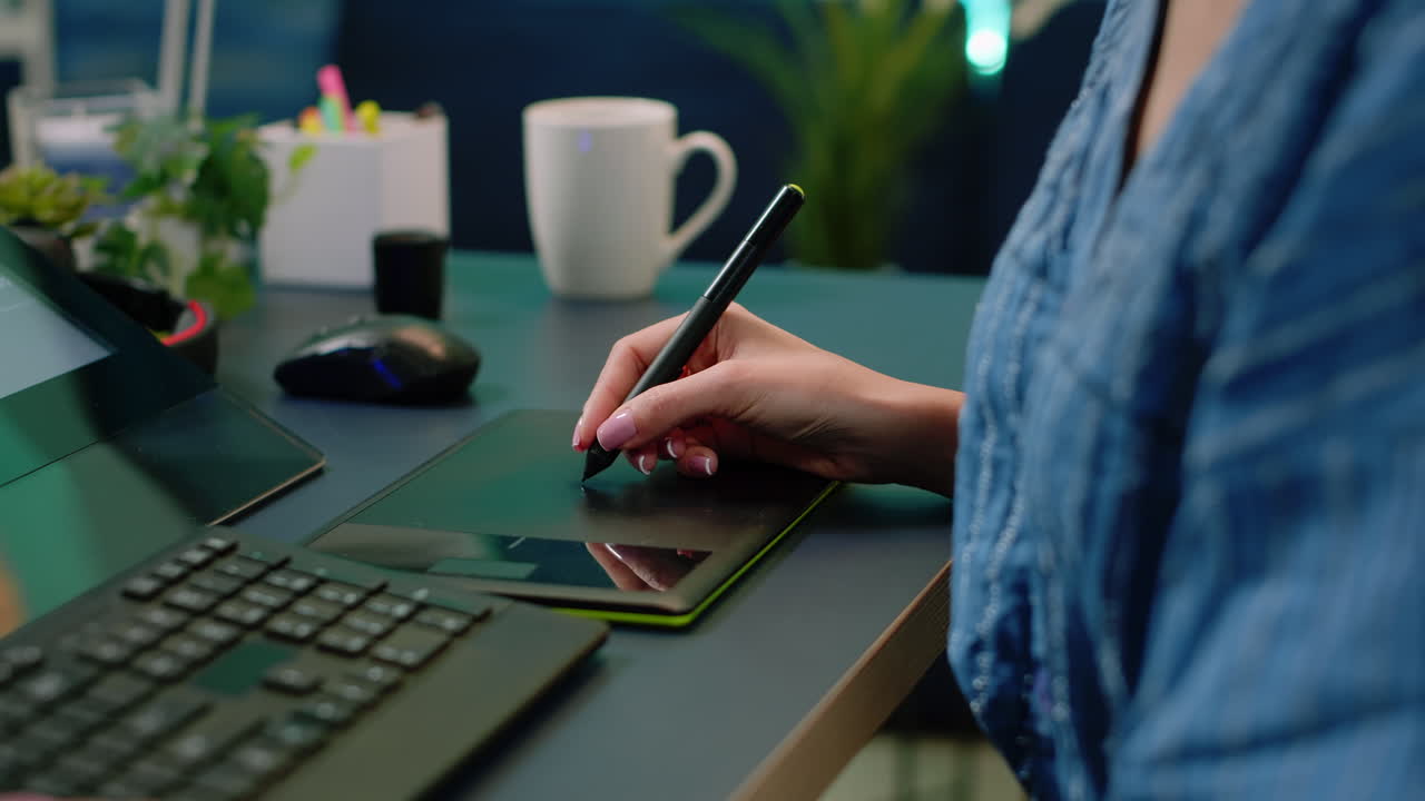 Close up of hand holding stylus on graphic tablet