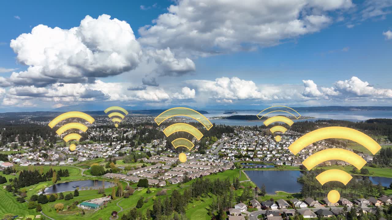 вид с воздуха на большие данные, соединяющие жилые кварталы внизу