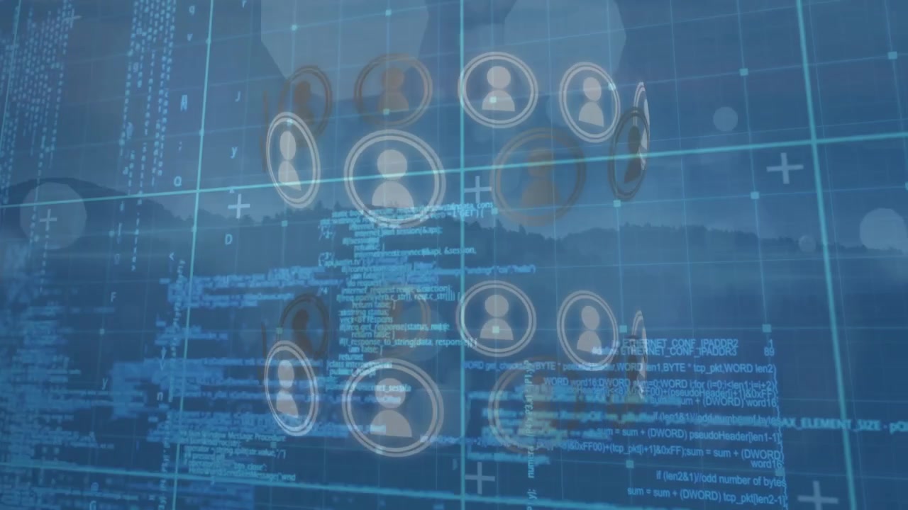 Animation of network of connections with icons over landscape