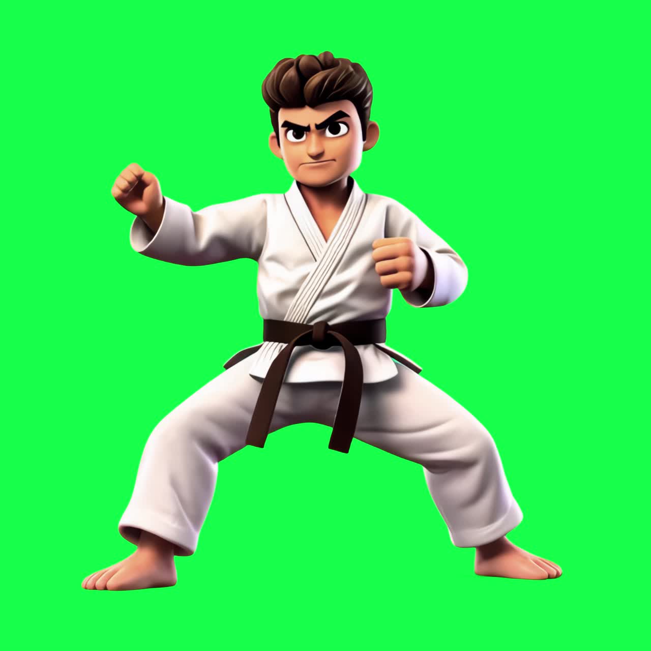 Animierter Karate-Charakter posiert selbstbewusst Animation, transparentes 4K-Video, Greenscreen
