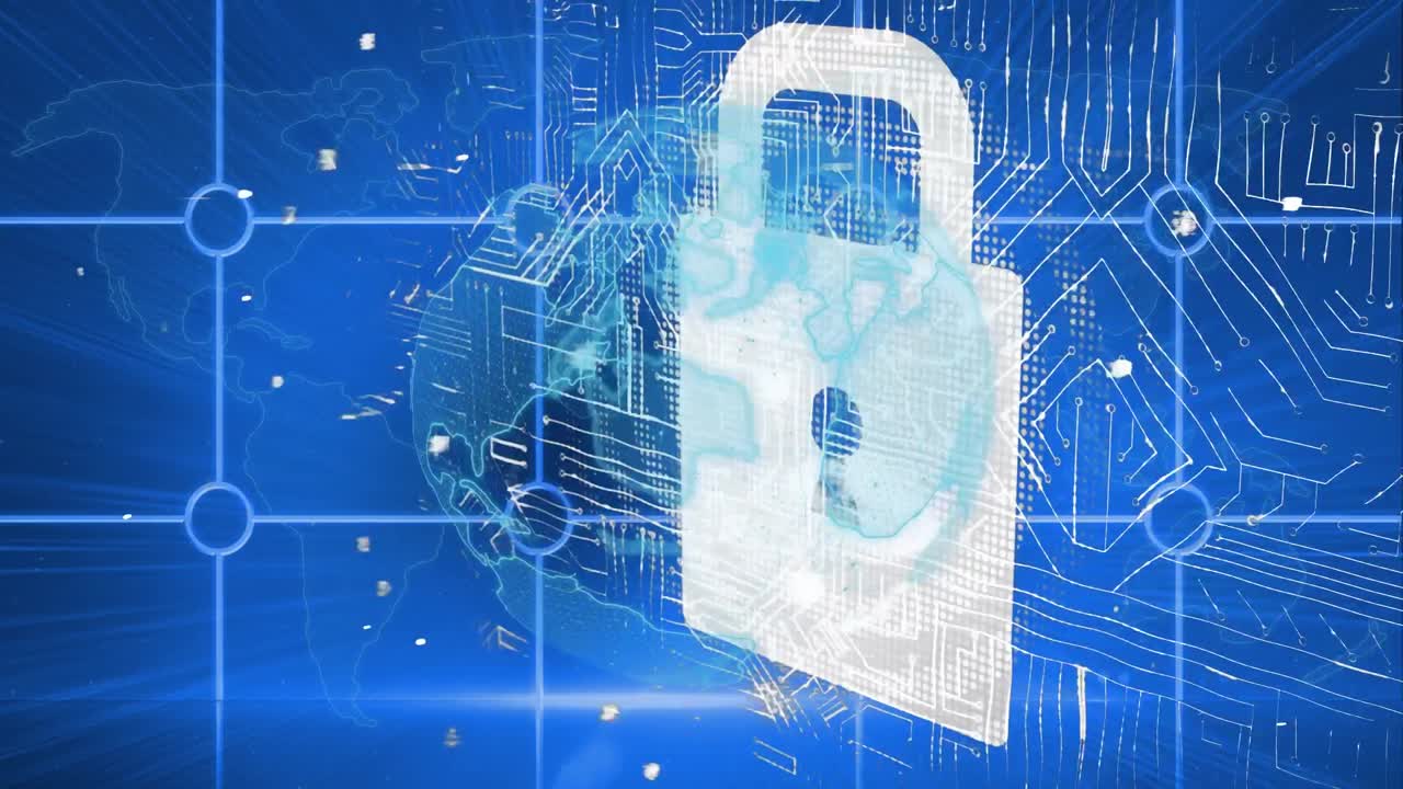 Animation of turning globe with glowing motherboard, padlock and data on blue