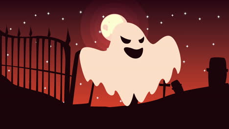 feliz animación de halloween con fantasma y puerta del cementerio