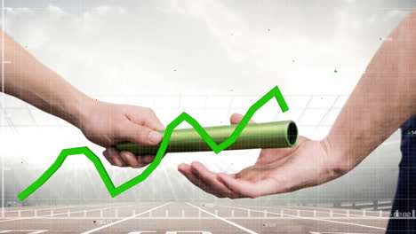 green graphs moving over grid network against hand passing a baton against sports field