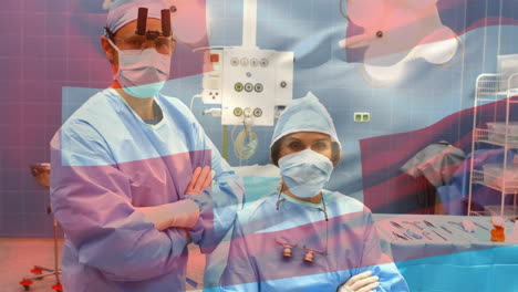 animation of flag of switzerland waving over surgeons in operating theatre