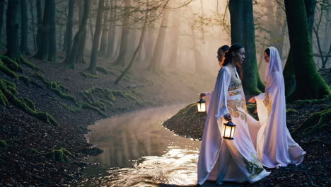 mystical women in a foggy forest