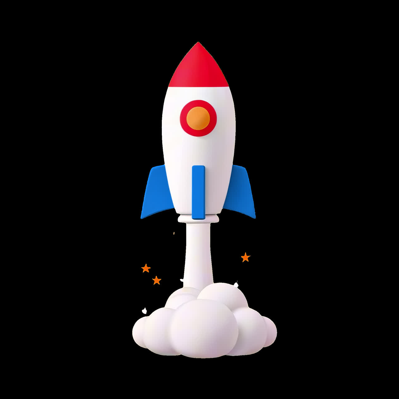 Colorful rocket launching skyward animation isolated asset, transparent 4K video, alpha channel