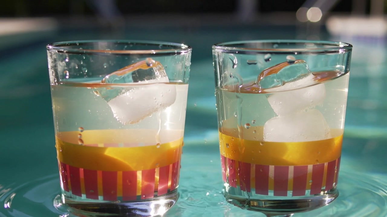 After brief splash, ice cubes bobbing inside two glasses with red-pink bases, yellow bands at pool