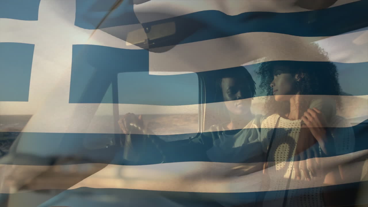 그리스 발 애니메이션 커플이 차에 앉아 풍경을 즐기고 있습니다.