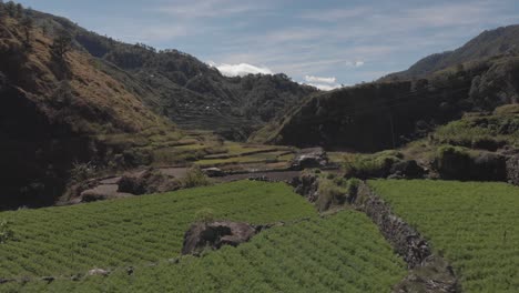 terrace fields farms vegetable paddy sprinklers spraying water revealing a mountainous valley fast aerial reversing wide angle reveal in kabayan benguet philippines