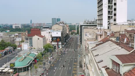 belgrade marathon runners in serbian city streets, aerial view of sporting event