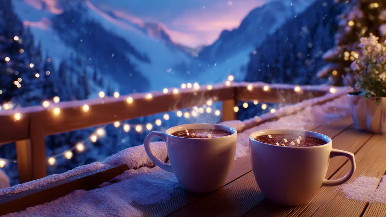 Cozy Winter Moments: Two Steaming Cups of Hot Chocolate or Coffee on a Snow-Covered Wooden Table Amidst a Serene Mountain Landscape with Twinkling Fairy Lights in a Winter Wonderland Setting
