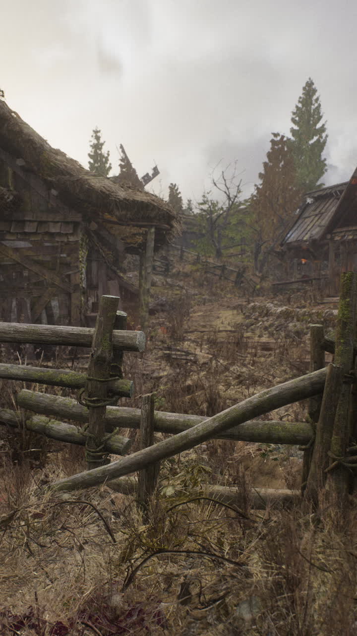 pueblo medieval abandonado en un paisaje nebuloso
