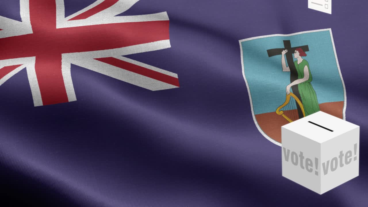 몬테세라트 선택을 위한 투표용지 - 발 앞에 있는 투표함 - 선거 - 투표 - 몬테 세라트의 발 - 몽테세라트의  발 높은 세부 사항 - 국가 발 몬테스라트 파동 패턴 루프 가능한 요소 - 직물 질감과 끝없는 루프