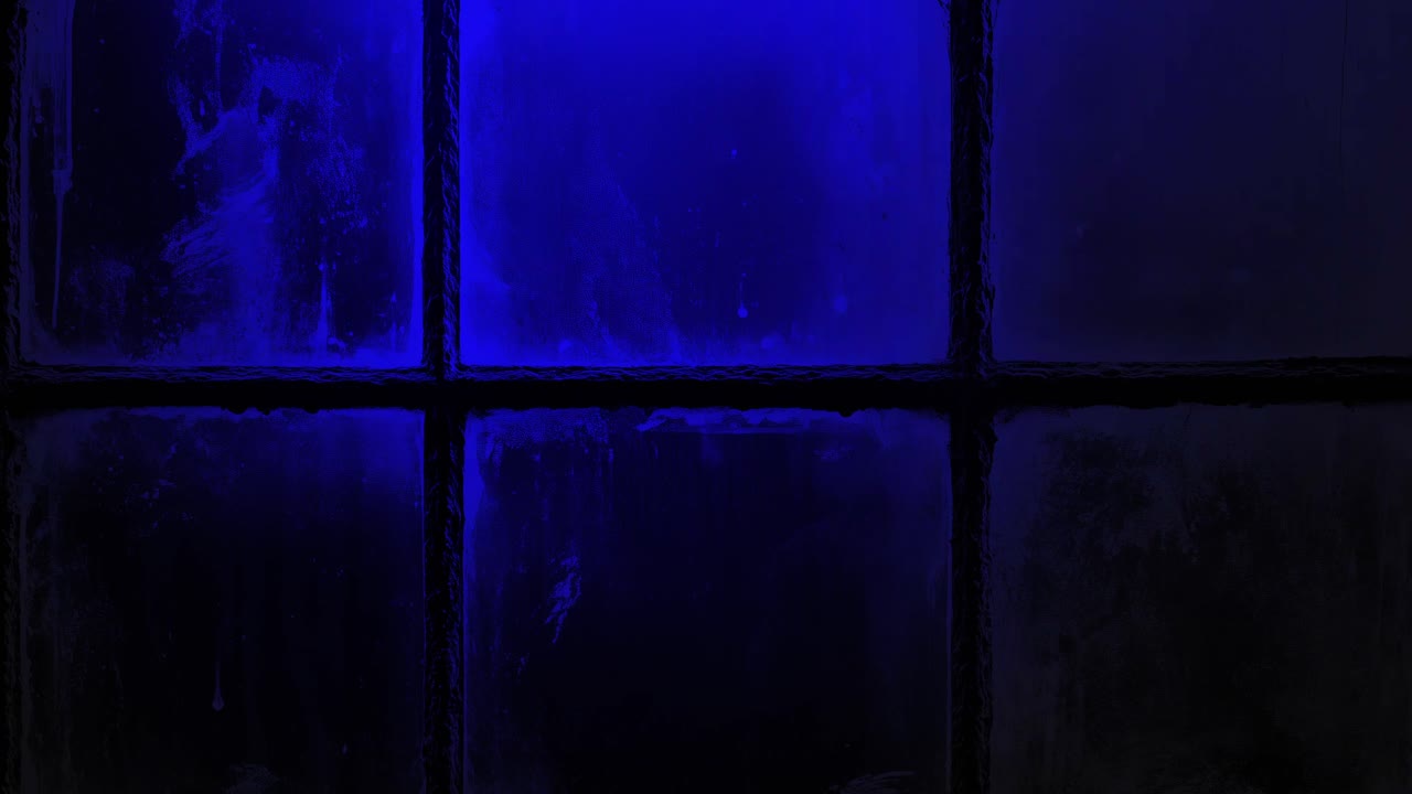 Close up of police car lights flashing red and blue outside a dirty window at night, creating a tense and dramatic crime scene atmosphere