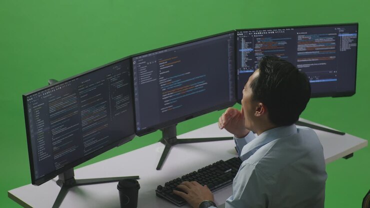 Side View Of Tired Asian Man Developer Yawning While Write Code With Multiple Computer Screens In Green Screen Studio