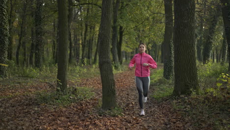 woman jogging through a forest in autumn
