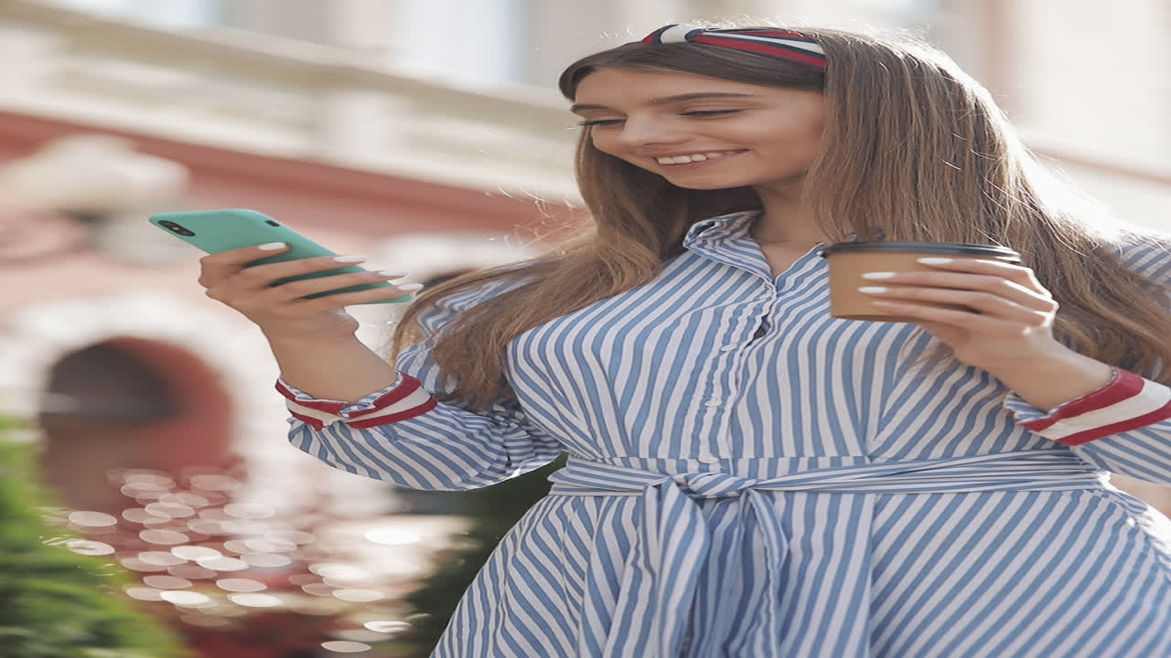 Giovane donna che sorride mentre usa il telefono e tiene in mano un caffè all'aperto