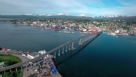 bridge of city tromso, norway aerial footage