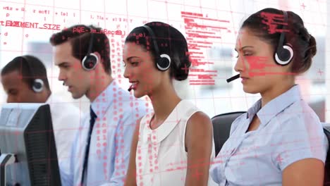 Animation-of-data-processing-over-business-people-using-phone-headsets