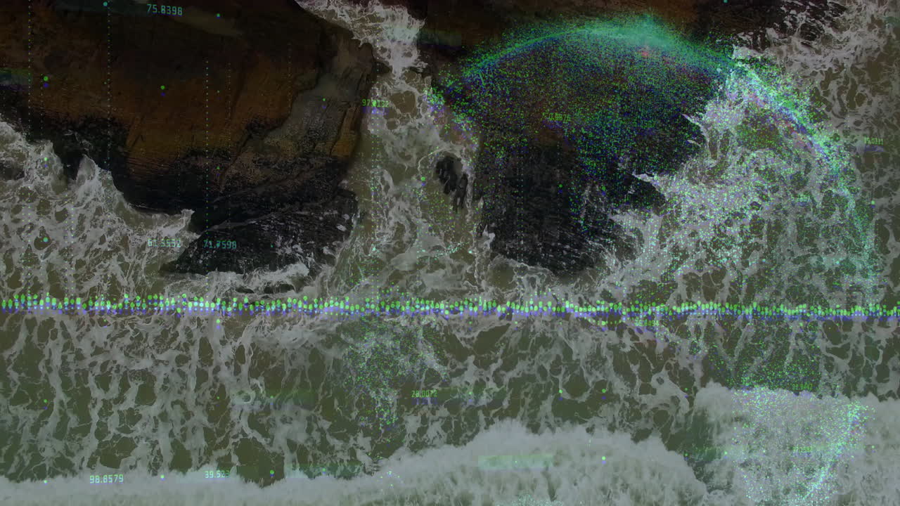 Ocean data visualization being animated from aerial view, with foamy waves and dotted data points