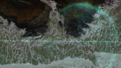 ocean data visualization being animated from aerial view, with foamy waves and dotted data points