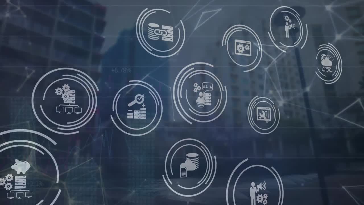 animación de la red de conexiones con iconos sobre el paisaje urbano