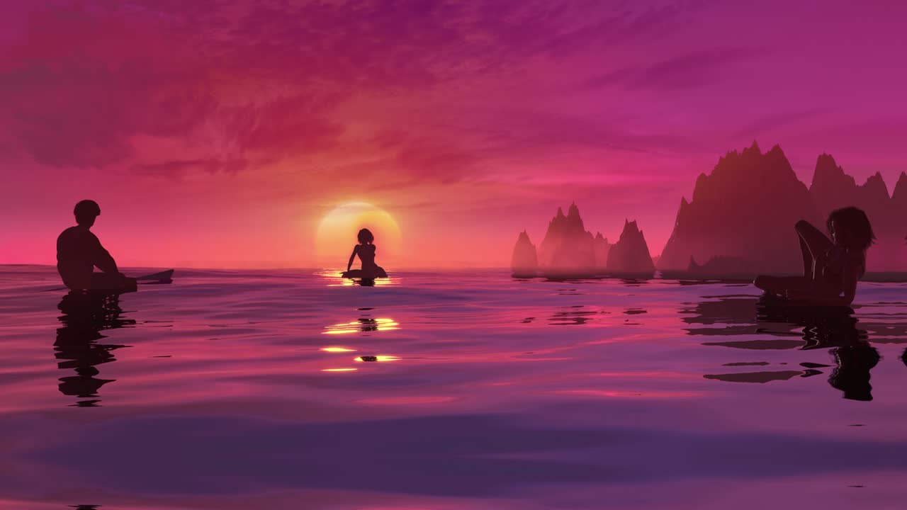 Surfers waiting in line up on the surfboards and watch the sunset loop