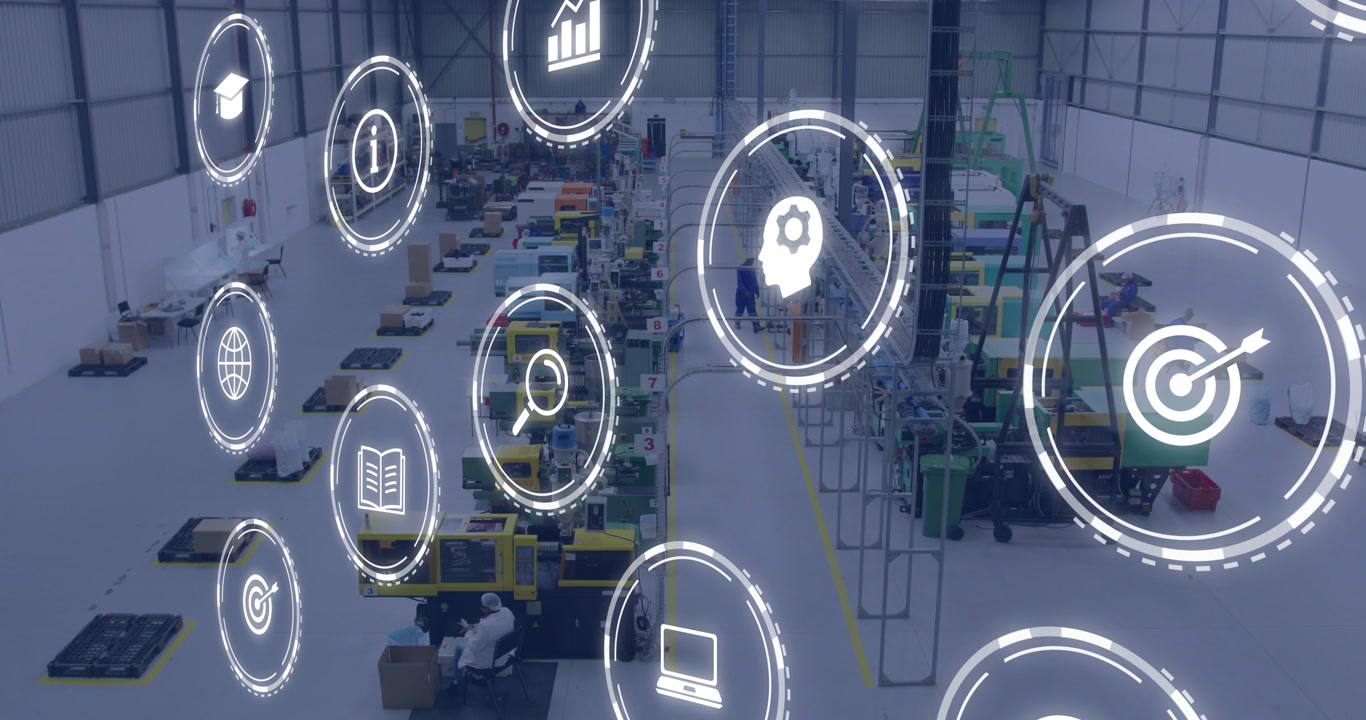 Techs inspecting equipment in plant, system initiating animated icons and bar chart showing metrics