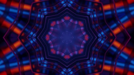 Red-and-neon-blue-star-on-the-background-of-a-tunnel-fo-red-frames-in-flower-shapes