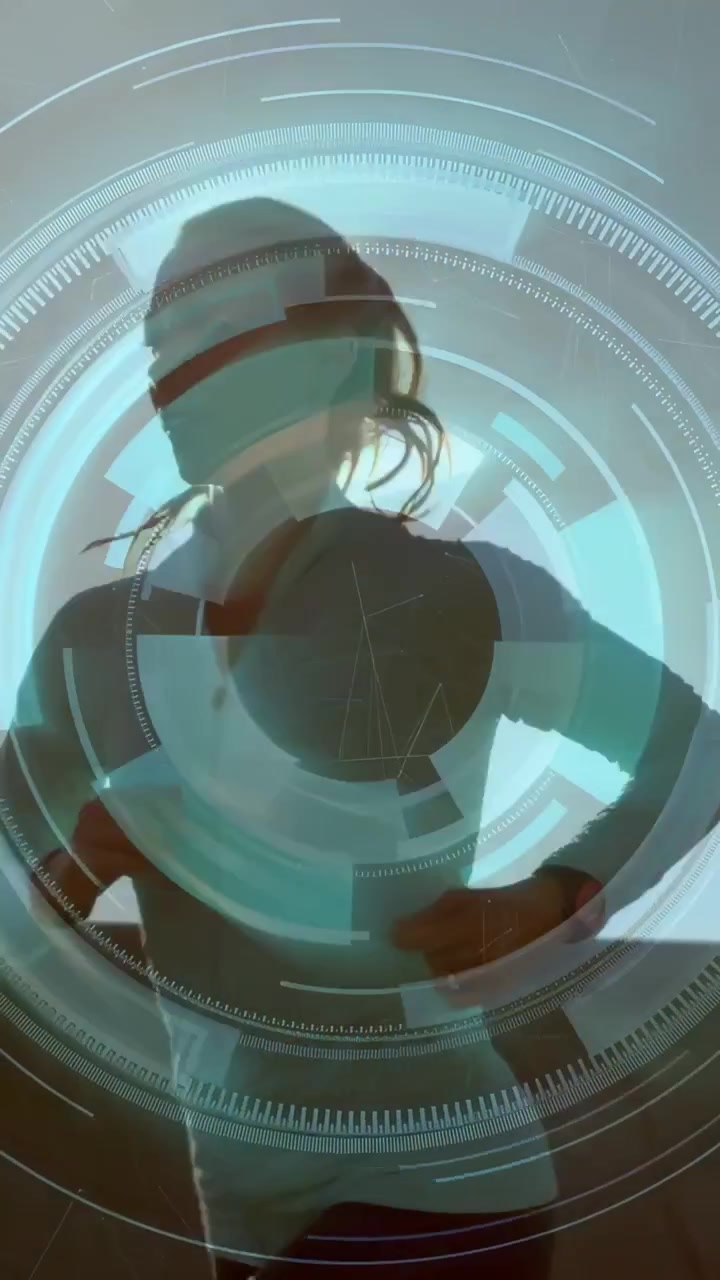 Vertical video: Female stepping on cracked ground, activating HUD and doing fitness moves near dog