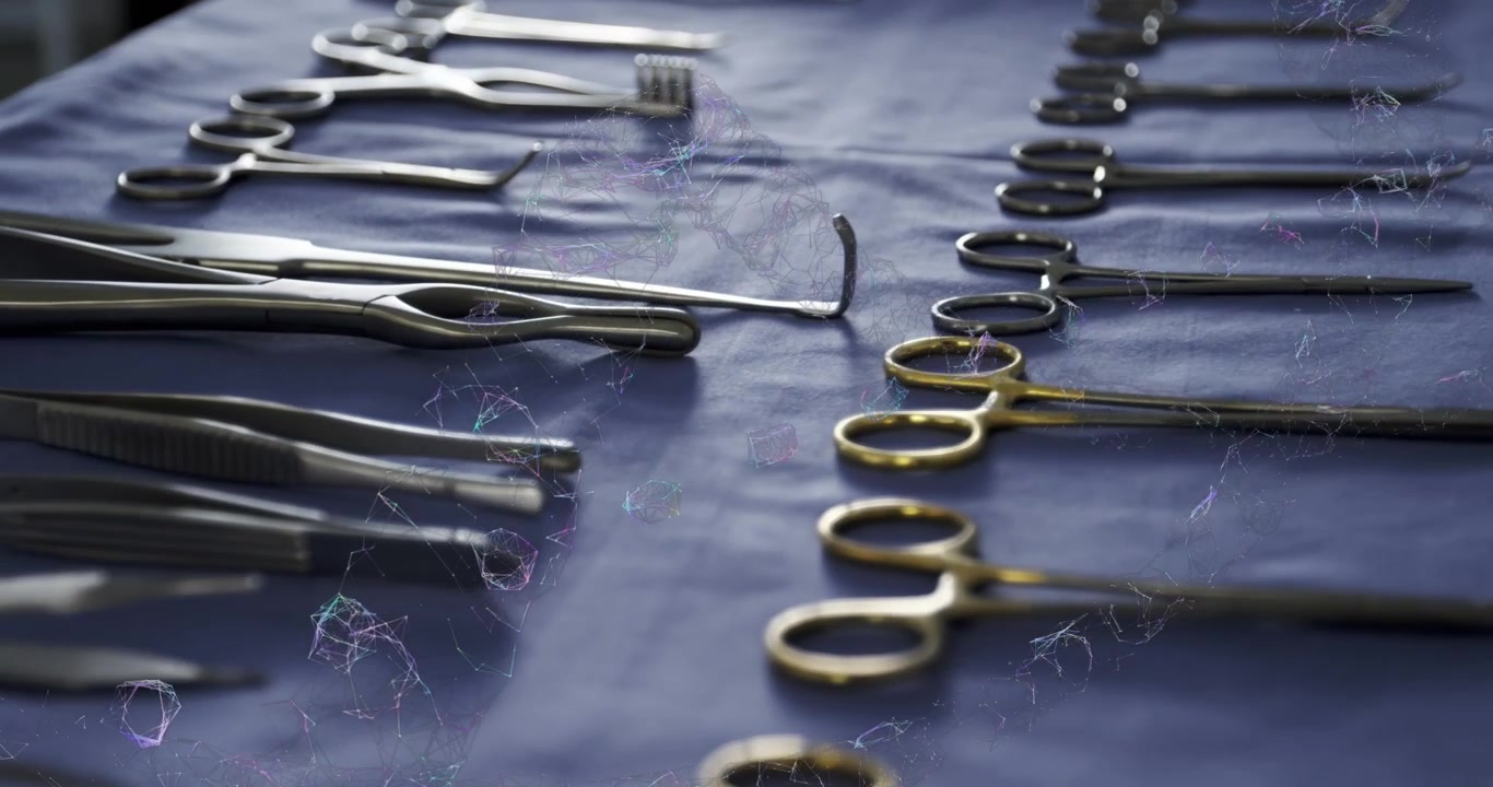 Animação de fita de DNA sobre instrumentos cirúrgicos