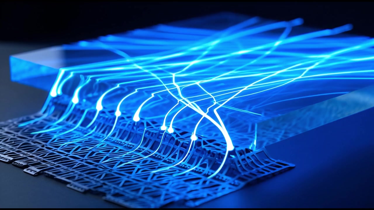 Blue Light Lines Flowing Through Transparent Technology Circuit