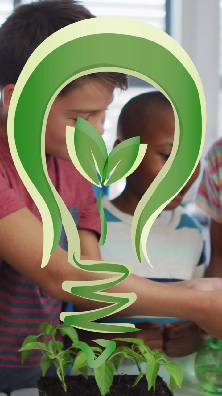 Animation of bulb with plant over class of happy diverse pupils planting flowers at school
