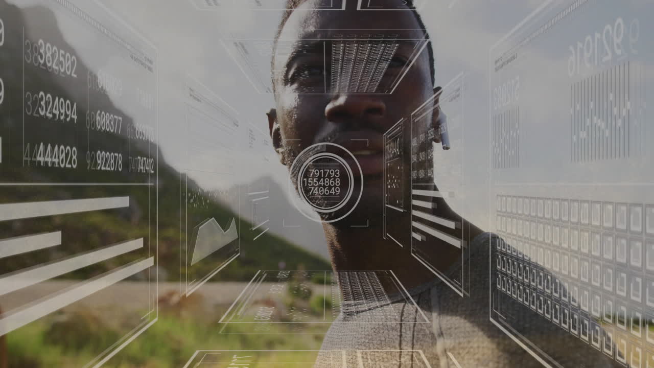 Standing outdoors, person interacting with digital animation in natural landscape