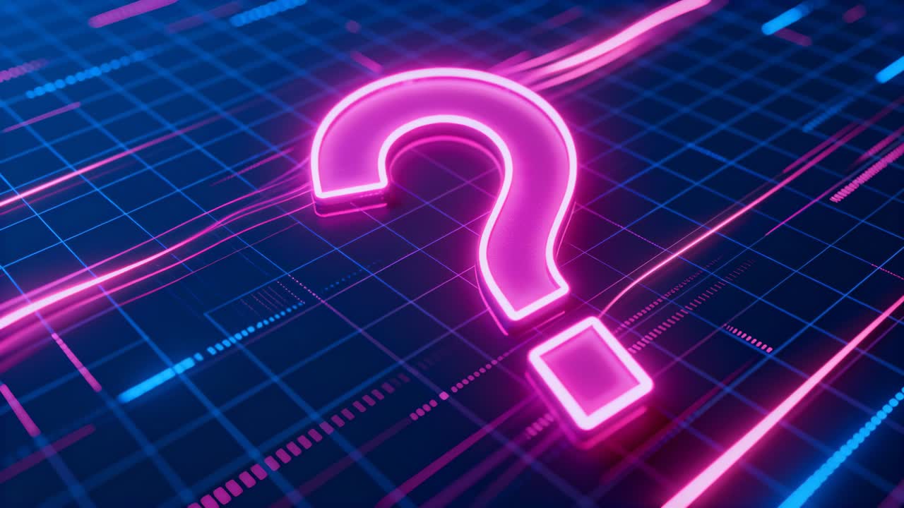 Reacting neon pink question mark pulsing above tiled grid as data streaks passing diagonally